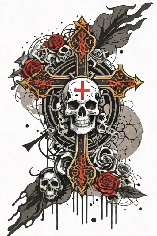 gothic cross with skulls surrounded tattoo design idea