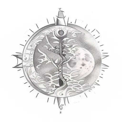Wolf compass fern tree moon mountain  tattoo design idea