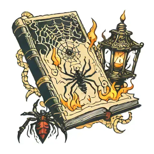 a book with the letter M pierced with a dagger, a spider on the web, a burning candle tattoo design idea