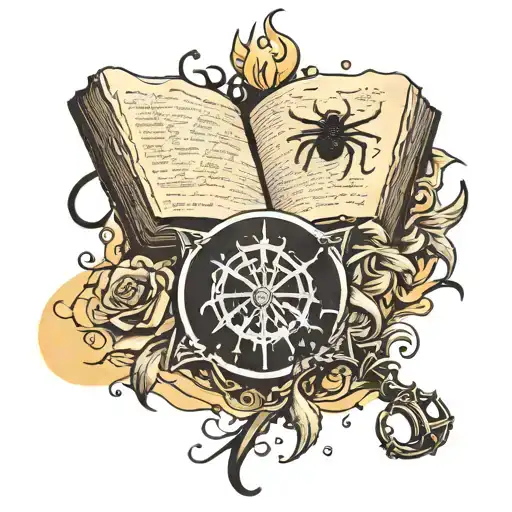 a book with the letter M pierced with a dagger, a spider on the web, a burning candle tattoo design idea