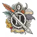 a book with the letter M pierced with a dagger, a spider on the web, a burning candle tattoo design idea