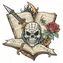 a book with the letter M pierced with a dagger, a spider on the web, a burning candle tattoo design idea