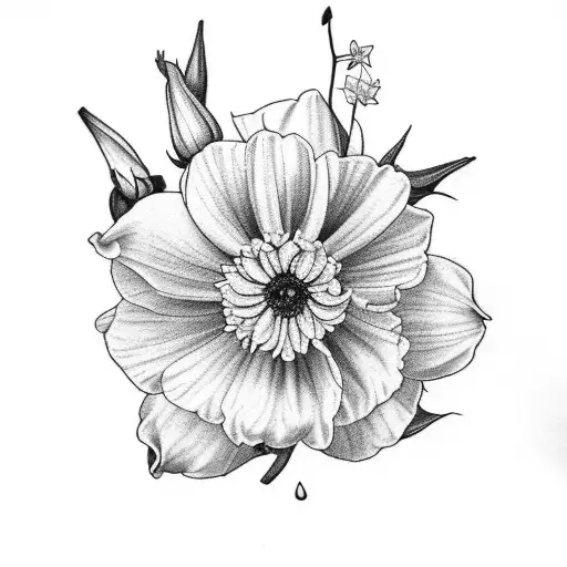 A detailed collage of various birthflowers, including narcissus, rose, daisy, sweet pea, carnation, and hawthorn, forming a beautiful sleeve tattoo tattoo design idea