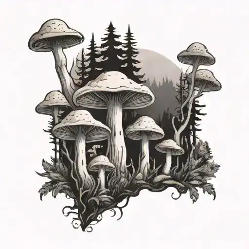 A retro 70s inspired mushroom forest tattoo design idea
