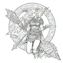 Viking shield maiden with crow holding viking axe tattoo design idea