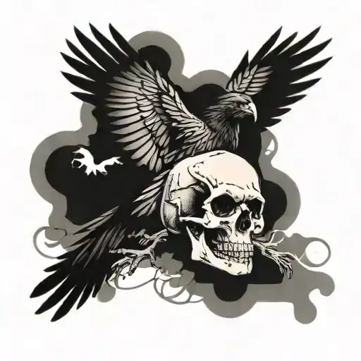 Raven flapping its wings overlaying a skull faded   tattoo design idea