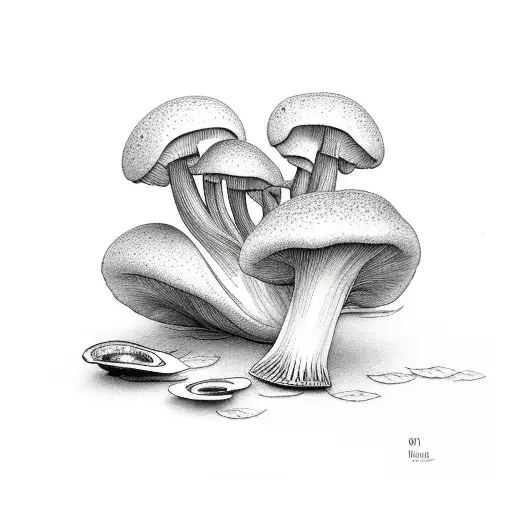 willow branch, oak leaf, oyster mushroom, and fern separate but in one scene intertwined tattoo design idea