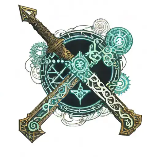 numbered coordinates on a wooden sword with a background of an ocean  tattoo design idea