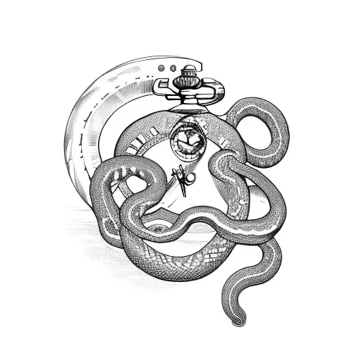 snake encircling a pocket watch while a dagger pierces them. tattoo design idea