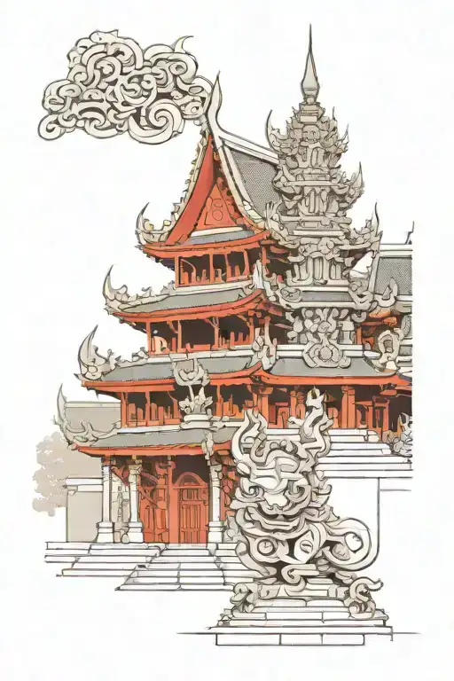 thai temple architecture forming with yaksha black grey tattoo design idea