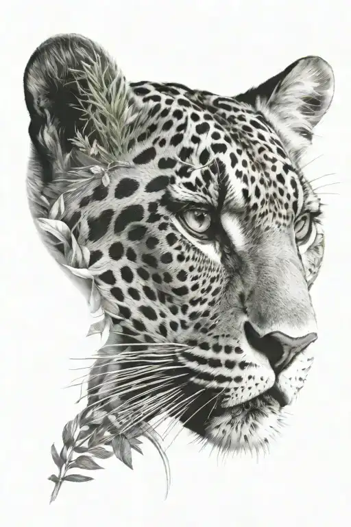 tattoo: half of the face of a wise leopard, shadows of wind and foliage tattoo design idea