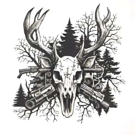 deer skull surrounded by trees, guns, and other animals tattoo design idea
