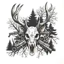 deer skull surrounded by trees, guns, and other animals tattoo design idea