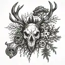 deer skull surrounded by trees, guns, and other animals tattoo design idea