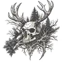 deer skull surrounded by trees, guns, and other animals tattoo design idea