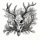 deer skull surrounded by trees, guns, and other animals tattoo design idea