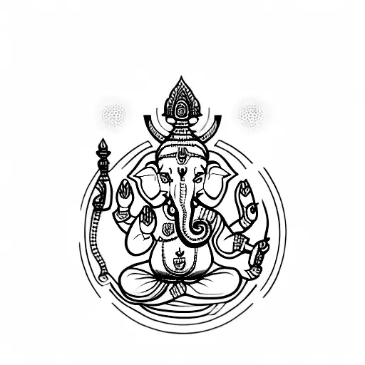 A black-grey tattoo of the god Ganesha surrounded by geometric shapes tattoo design idea