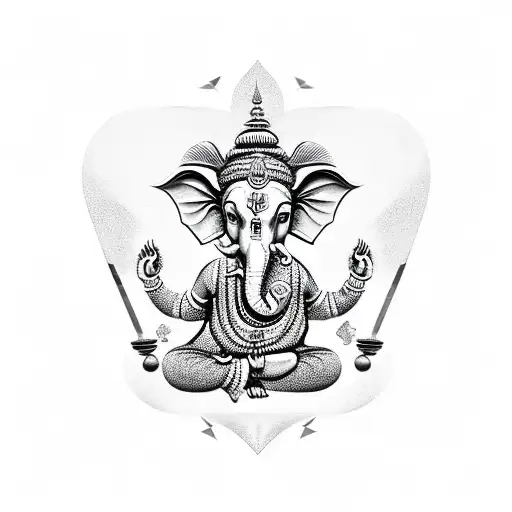 A black-grey tattoo of the god Ganesha surrounded by geometric shapes tattoo design idea