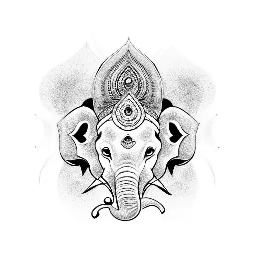 A black-grey tattoo of the god Ganesha surrounded by geometric shapes tattoo design idea