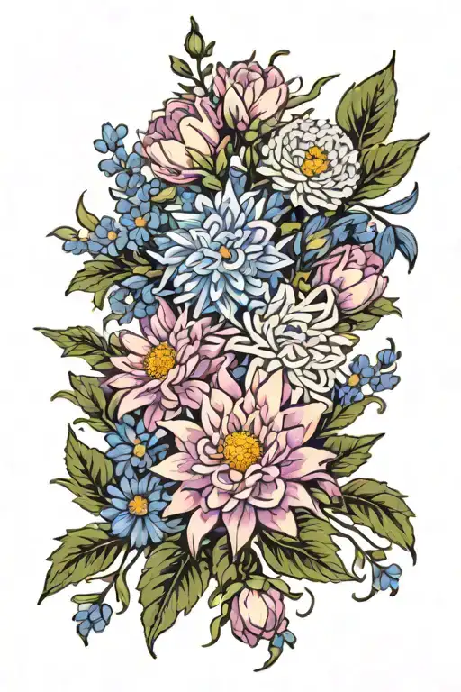 Bouquet of aster flower and larkspur flower bouquet tattoo design idea
