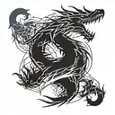 A tattoo design of a lightning bolt transforming into a dragon, with elements of mythology and tech intertwined tattoo design idea