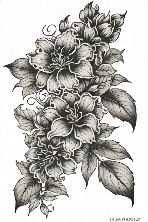 lila's and crisantelmo flowers smoking style translucent soft borders, fine line, light draw tattoo design idea