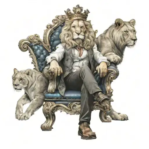 man sitting on throne, magnificent and rich. lions on both sides as pets tattoo design idea