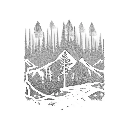 A trail winding through a dense forest with a silhouette of a hiker tattoo design idea