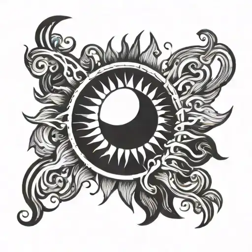 sun with smoke around black and white minimalism  tattoo design idea