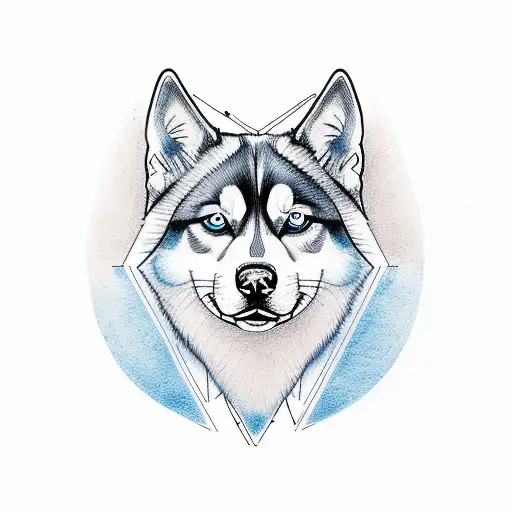 design for tattoo, triangle border, girl short hair brown with brown eyes, a husky with blue eyes and an orange cat with tattoo design idea