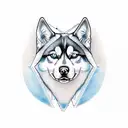 design for tattoo, triangle border, girl short hair brown with brown eyes, a husky with blue eyes and an orange cat with tattoo design idea