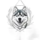 design for tattoo, triangle border, girl short hair brown with brown eyes, a husky with blue eyes and an orange cat with tattoo design idea