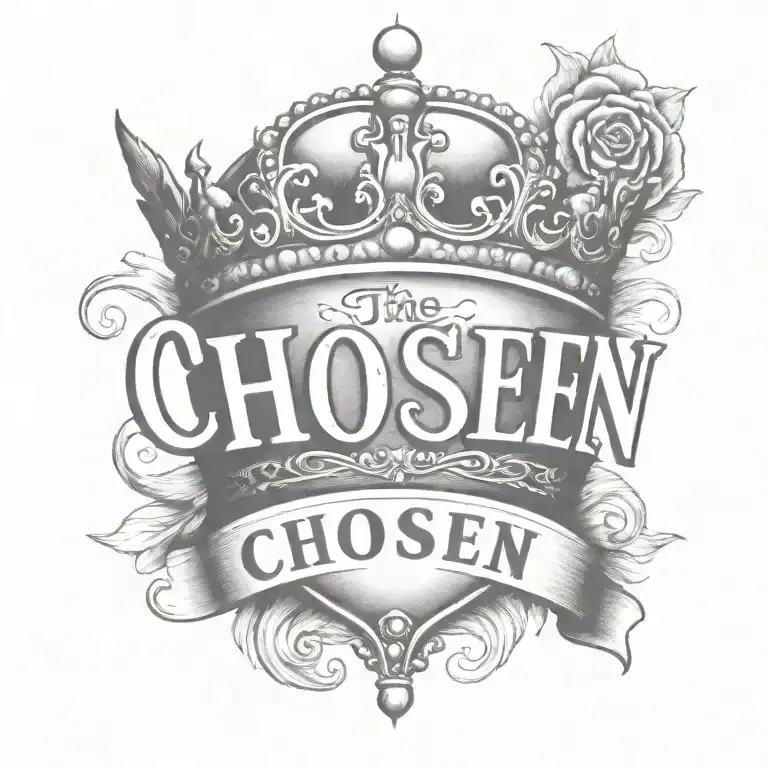 the word Chosen with a crown on top and a dove tattoo design idea