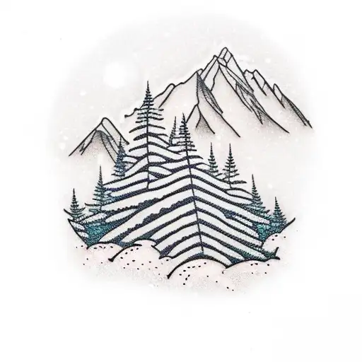 snow capped mountain range with New Zealand fern reflecting in the water below tattoo design idea
