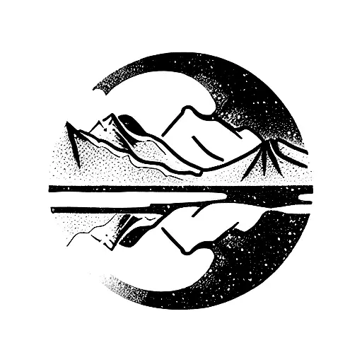 snow capped mountain range with New Zealand fern reflecting in the water below tattoo design idea