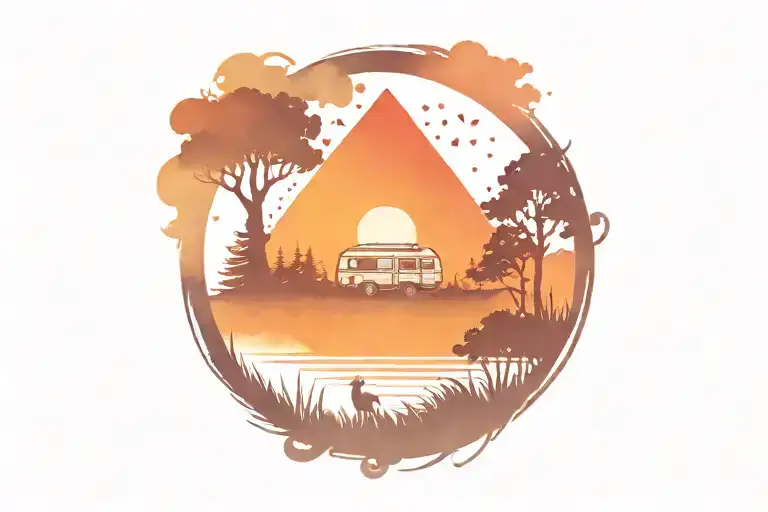 scene on inside bicep. Sun Rise on left, middle has retro camper and oak tree. Sun set on right.  tattoo design idea