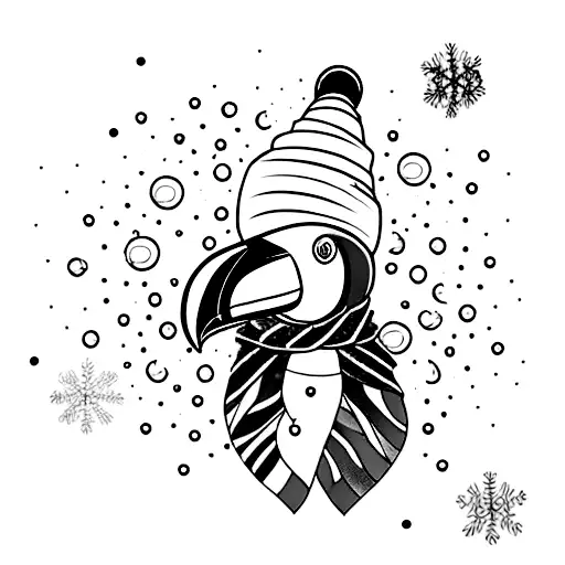 A colorful toucan wearing a winter hat and scarf tattoo design idea