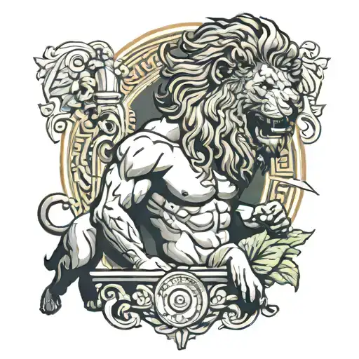 the body of Hercules in the form of a Greek statue with the head of the Nemean lion on the head. Style is supposed to be realistic tattoo design idea