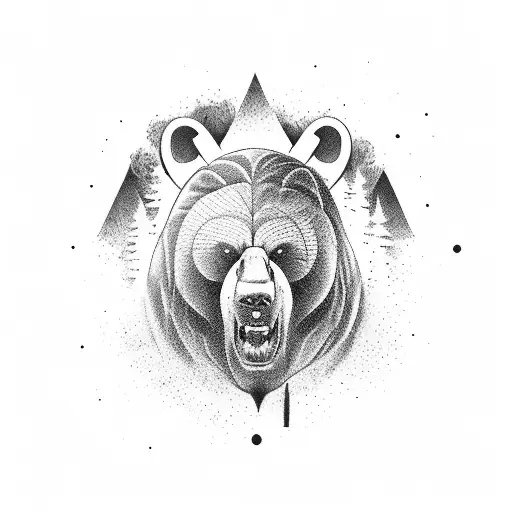 Realistic roaring russian bear with realistic background in the forest tattoo design idea
