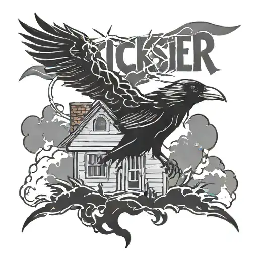 raven with a lightning bolt and dark clouds with the word "Trickster" in nice font with a small broken house under tattoo design idea