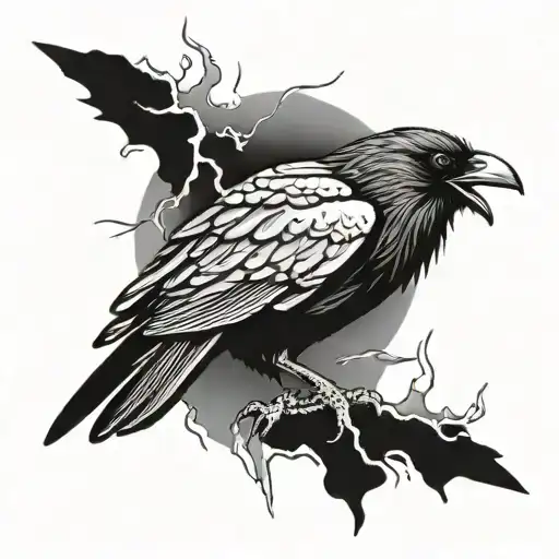 raven with a lightning bolt and dark clouds with the word Trickster  tattoo design idea
