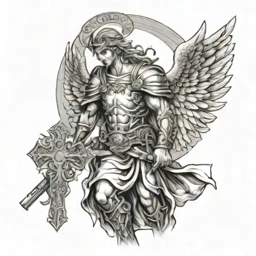 A detailed illustration of a warrior angel holding a cross as a weapon, embodying the idea of fighting for righteousness and truth tattoo design idea