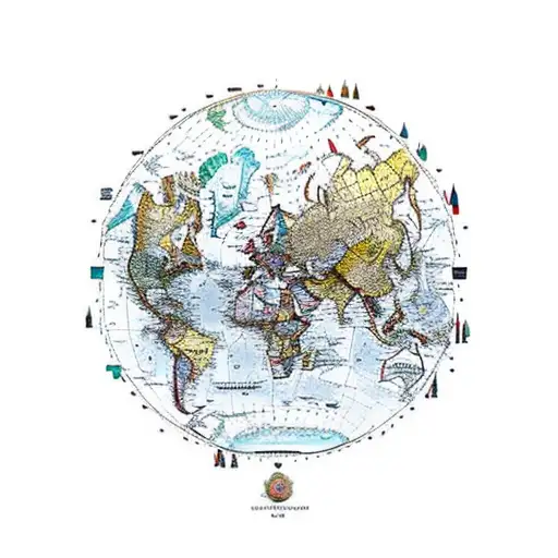 A whimsical map of the world with landmarks representing places you've traveled to tattoo design idea