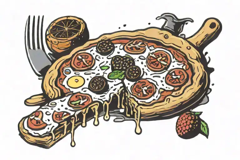 pizza with a slice being taken off but the slice is a slice of waffle with butter and syrup on it tattoo design idea