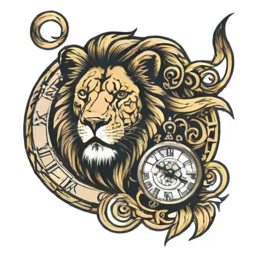 lion and clock tattoo design idea