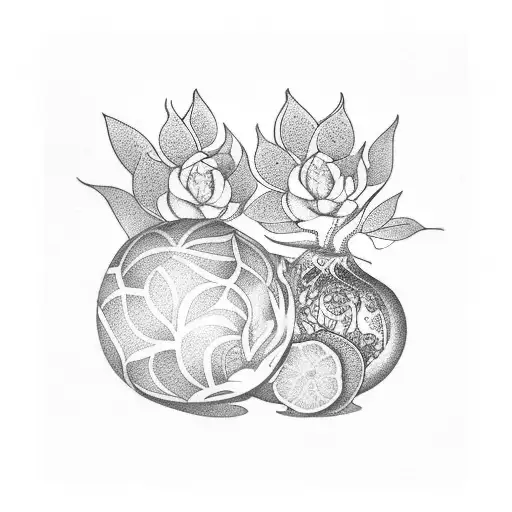 Exotic Mandarines and a pomegranate with some green leaves and botanical garden vibes around tattoo design idea
