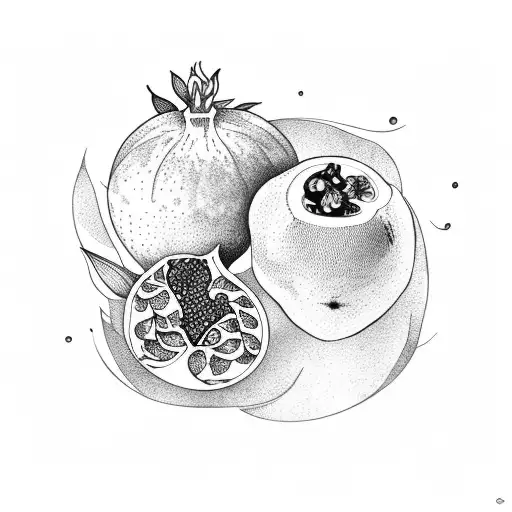 Exotic Mandarines and a pomegranate with some green leaves and botanical garden vibes around tattoo design idea
