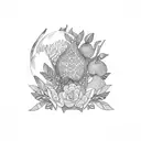 Exotic Mandarines and a pomegranate with some green leaves and botanical garden vibes around tattoo design idea