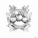 Exotic Mandarines and a pomegranate with some green leaves and botanical garden vibes around tattoo design idea