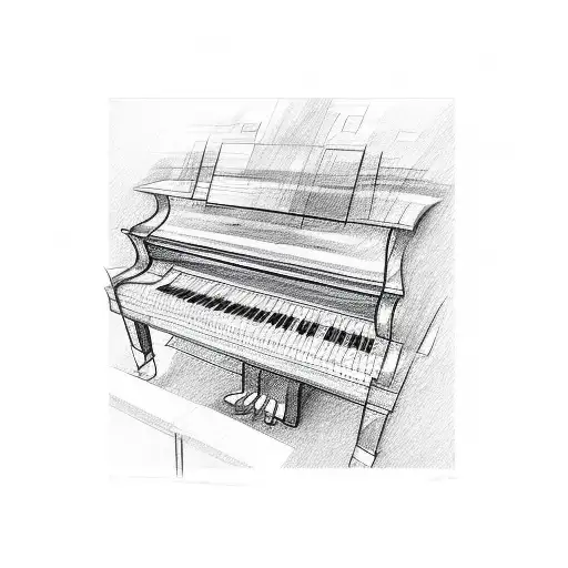 A detailed sketch of a grand piano surrounded by vibrant abstract shapes tattoo design idea